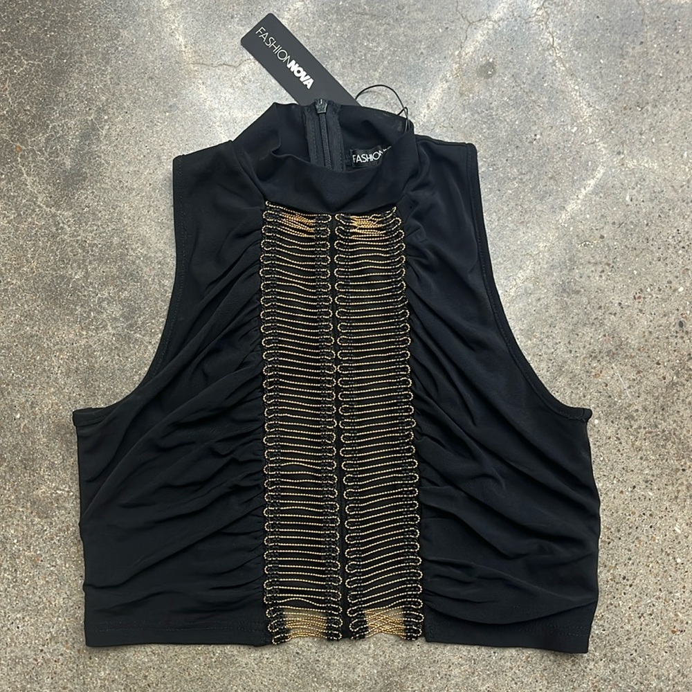 NWT Fashion Nova Women’s Meet Me There Mesh Crop Top Mock Neck Black Gold Small